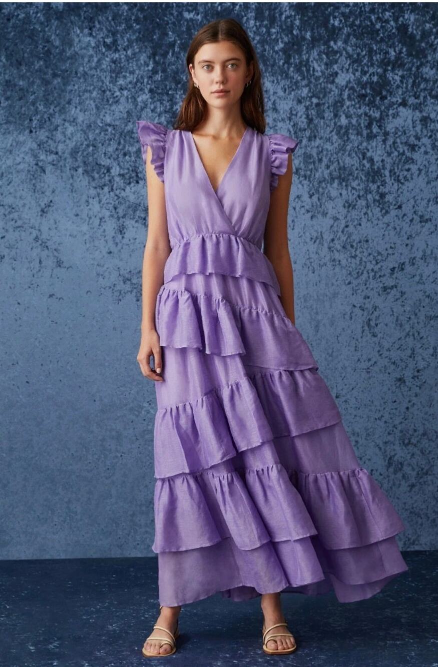 Marie Oliver Women’s 2 Purple Marisol Silk Linen Ruffle Maxi Designer Dress NEW